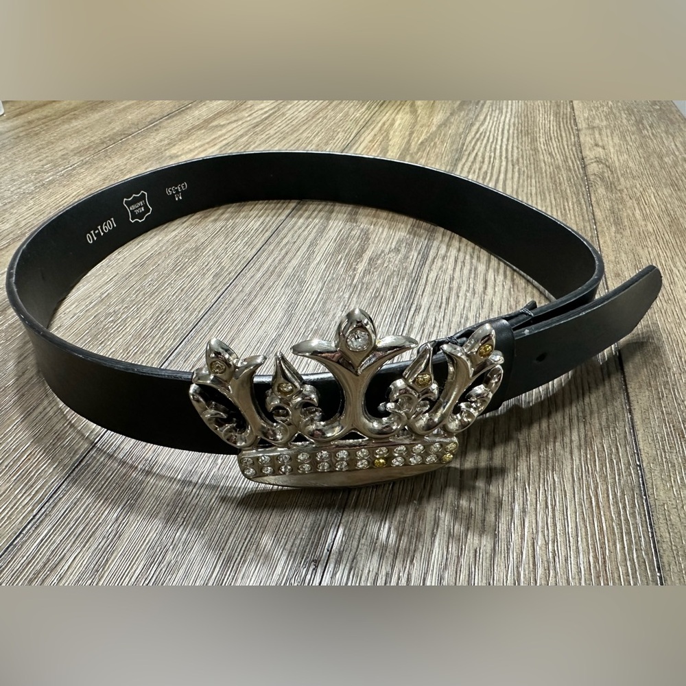 Bedazzled Crown Buckle Leather Belt Unisex - Size Medium